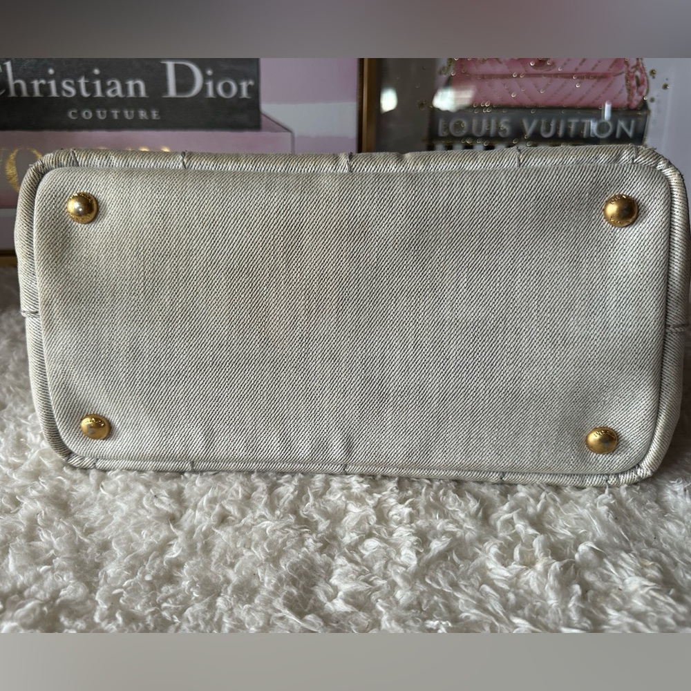 Vintage Prada Small Canapa Denim Logo Tote in Bianco Grey/white - Picture 7 of 16
